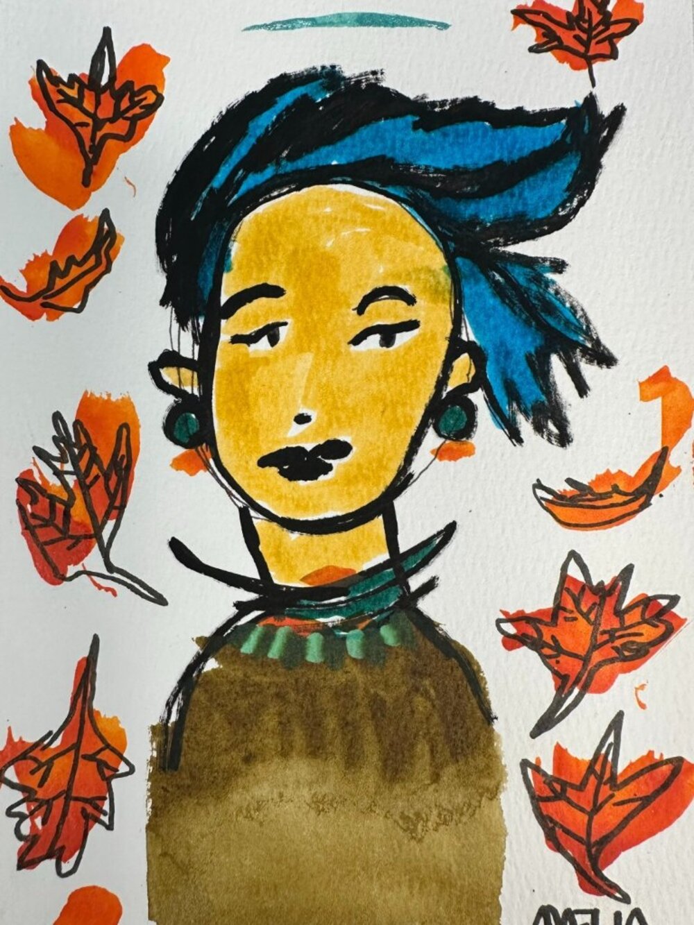 Original Art Painting OOAK "Woman Study" Fall Leaves Whimsical Small 5" x 7"